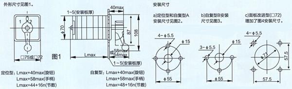 LW5-16系列萬能轉(zhuǎn)換開關(guān)外形和安裝尺寸