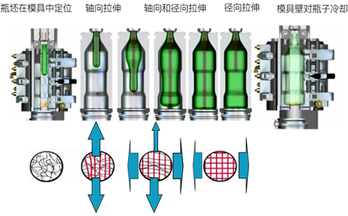 PET瓶的吹制過程中的機(jī)械拉伸動(dòng)作分解